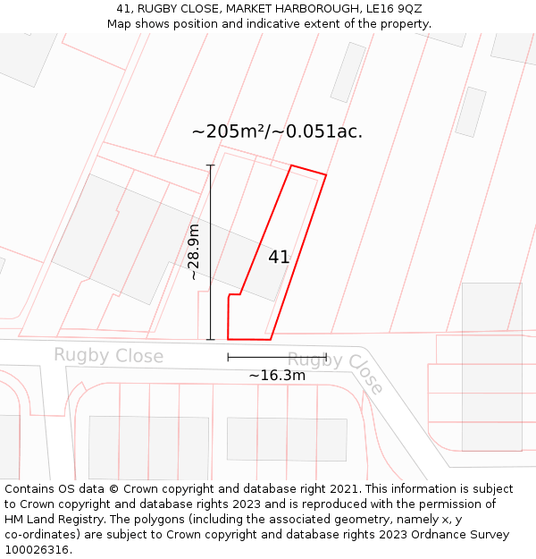 41, RUGBY CLOSE, MARKET HARBOROUGH, LE16 9QZ: Plot and title map