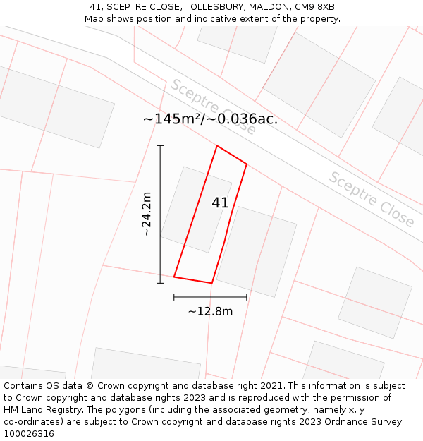 41, SCEPTRE CLOSE, TOLLESBURY, MALDON, CM9 8XB: Plot and title map