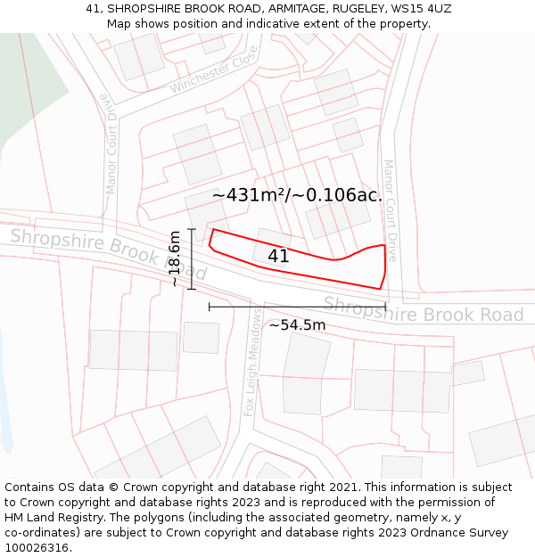 41, SHROPSHIRE BROOK ROAD, ARMITAGE, RUGELEY, WS15 4UZ: Plot and title map