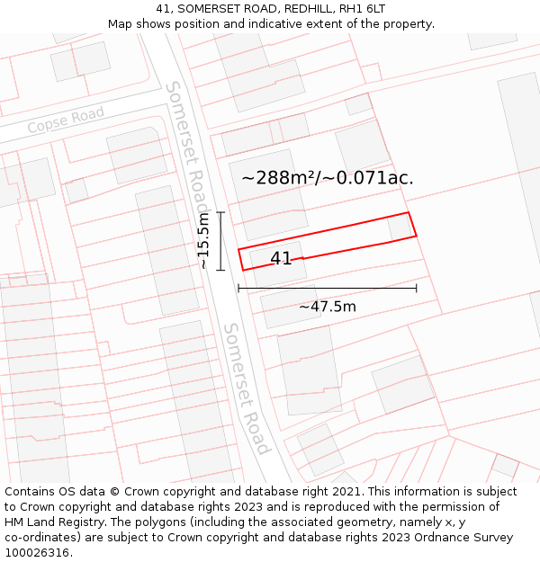 41, SOMERSET ROAD, REDHILL, RH1 6LT: Plot and title map