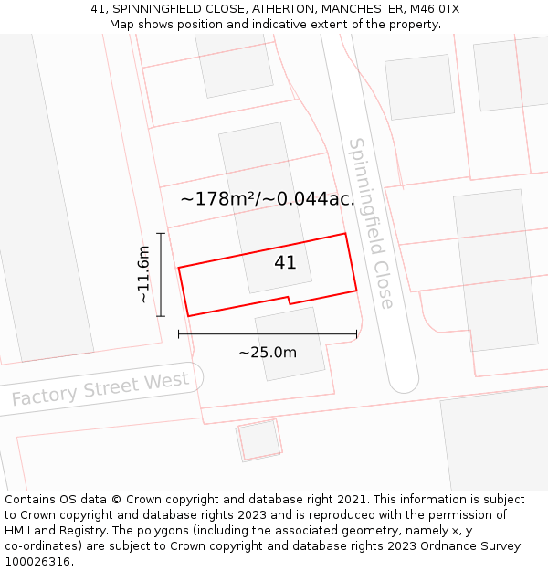 41, SPINNINGFIELD CLOSE, ATHERTON, MANCHESTER, M46 0TX: Plot and title map