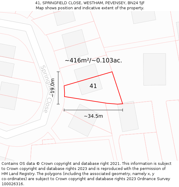 41, SPRINGFIELD CLOSE, WESTHAM, PEVENSEY, BN24 5JF: Plot and title map