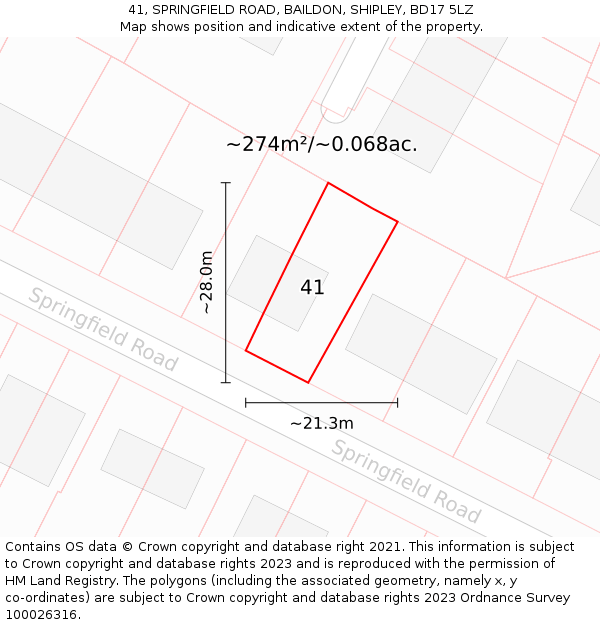 41, SPRINGFIELD ROAD, BAILDON, SHIPLEY, BD17 5LZ: Plot and title map