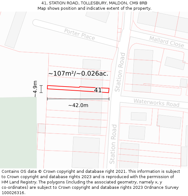 41, STATION ROAD, TOLLESBURY, MALDON, CM9 8RB: Plot and title map