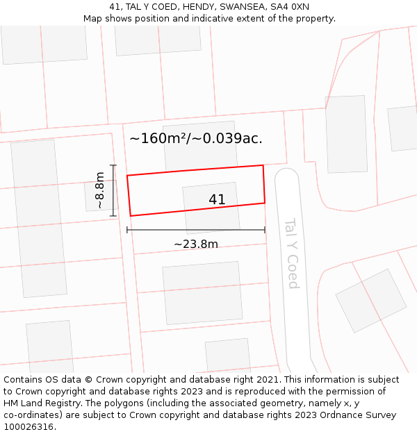 41, TAL Y COED, HENDY, SWANSEA, SA4 0XN: Plot and title map