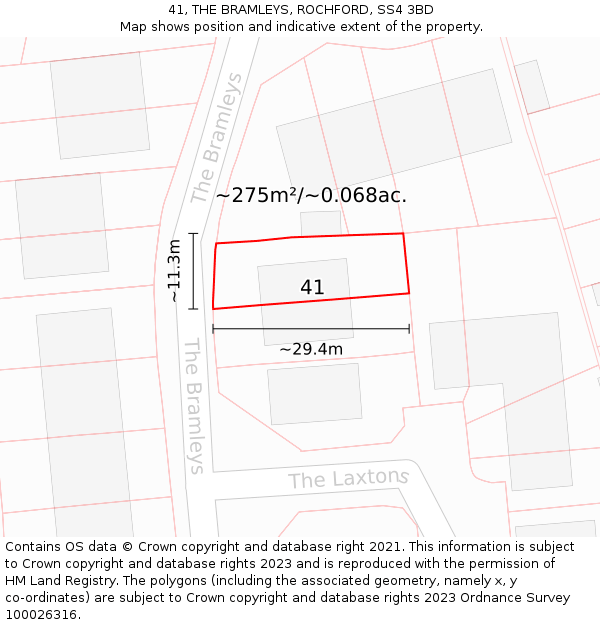 41, THE BRAMLEYS, ROCHFORD, SS4 3BD: Plot and title map