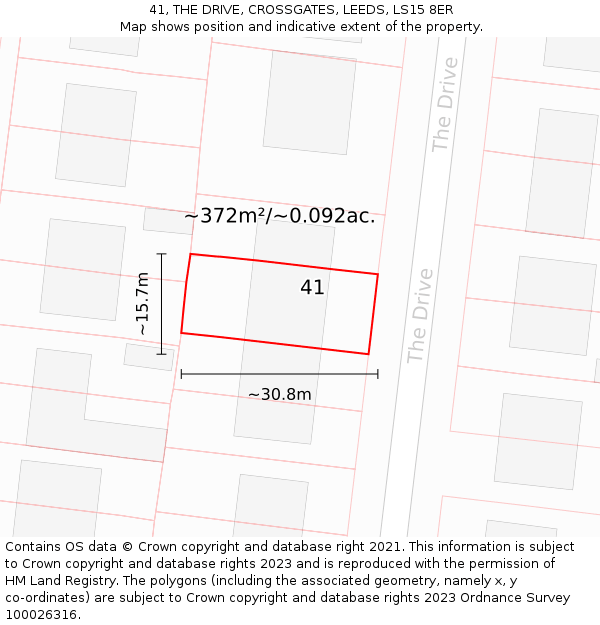 41, THE DRIVE, CROSSGATES, LEEDS, LS15 8ER: Plot and title map