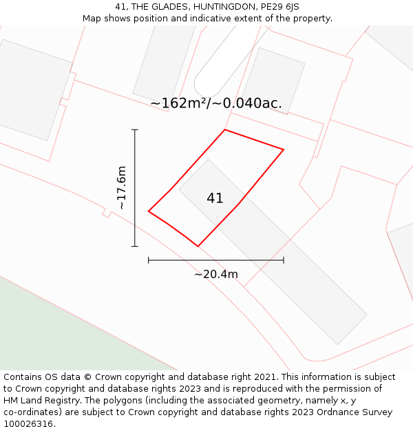 41, THE GLADES, HUNTINGDON, PE29 6JS: Plot and title map