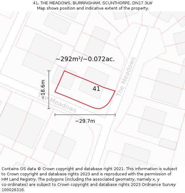 41, THE MEADOWS, BURRINGHAM, SCUNTHORPE, DN17 3LW: Plot and title map