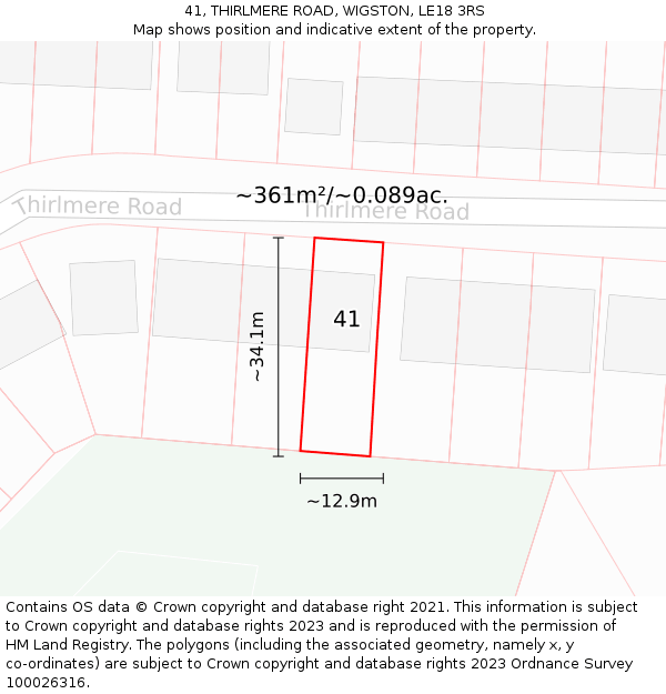 41, THIRLMERE ROAD, WIGSTON, LE18 3RS: Plot and title map