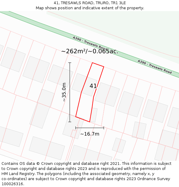 41, TRESAWLS ROAD, TRURO, TR1 3LE: Plot and title map