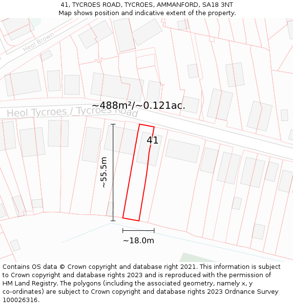 41, TYCROES ROAD, TYCROES, AMMANFORD, SA18 3NT: Plot and title map