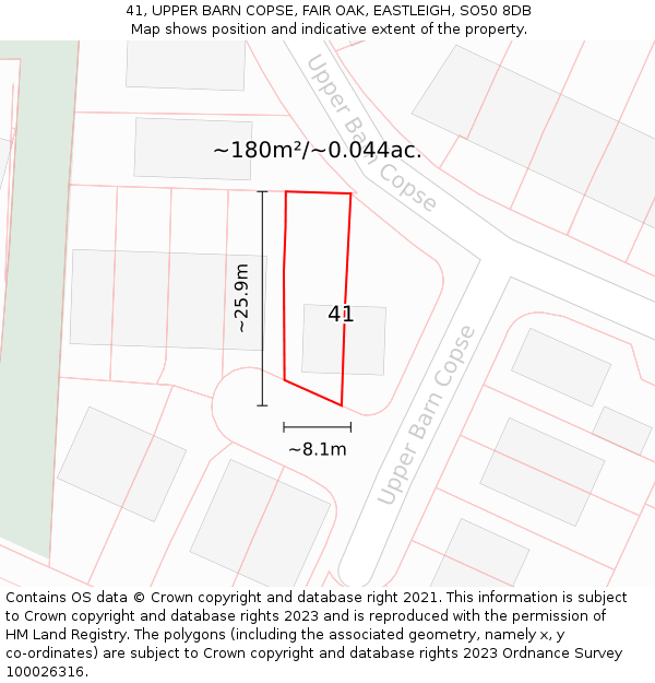 41, UPPER BARN COPSE, FAIR OAK, EASTLEIGH, SO50 8DB: Plot and title map