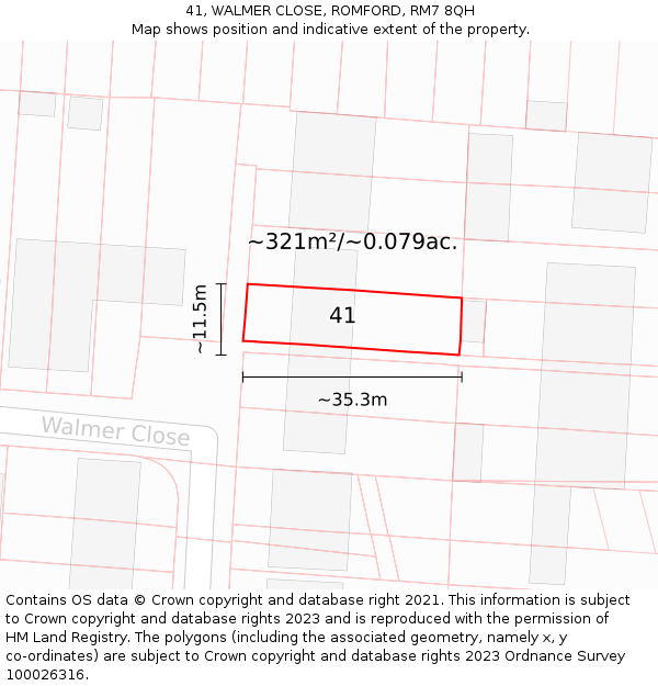 41, WALMER CLOSE, ROMFORD, RM7 8QH: Plot and title map