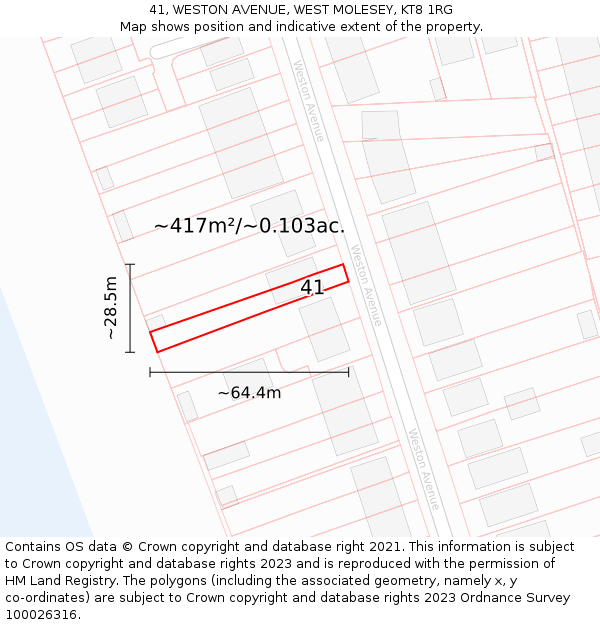 41, WESTON AVENUE, WEST MOLESEY, KT8 1RG: Plot and title map