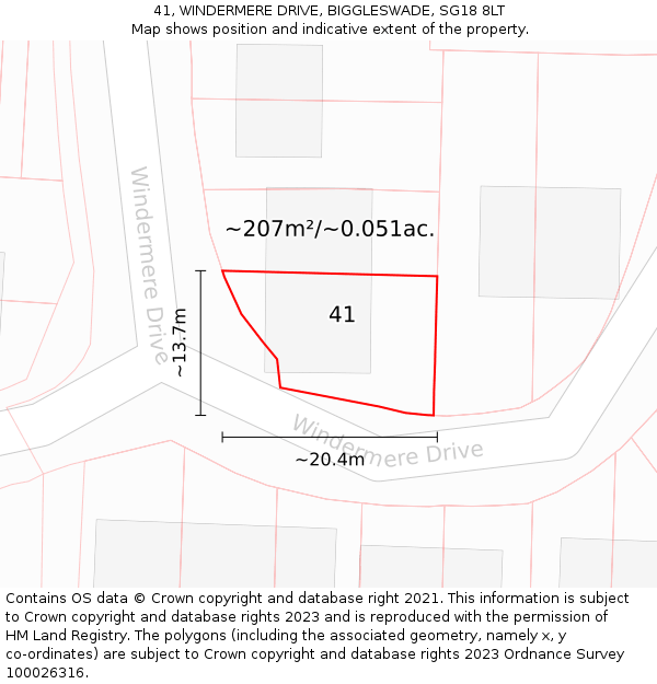 41, WINDERMERE DRIVE, BIGGLESWADE, SG18 8LT: Plot and title map