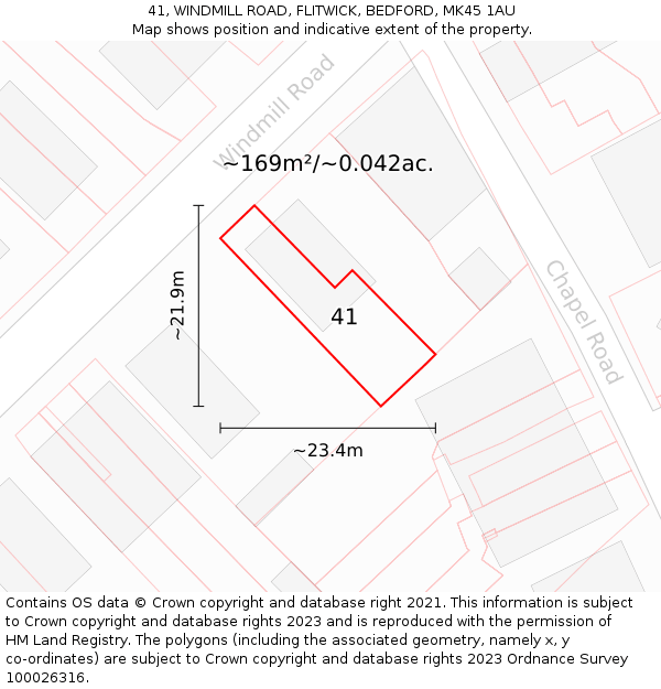 41, WINDMILL ROAD, FLITWICK, BEDFORD, MK45 1AU: Plot and title map