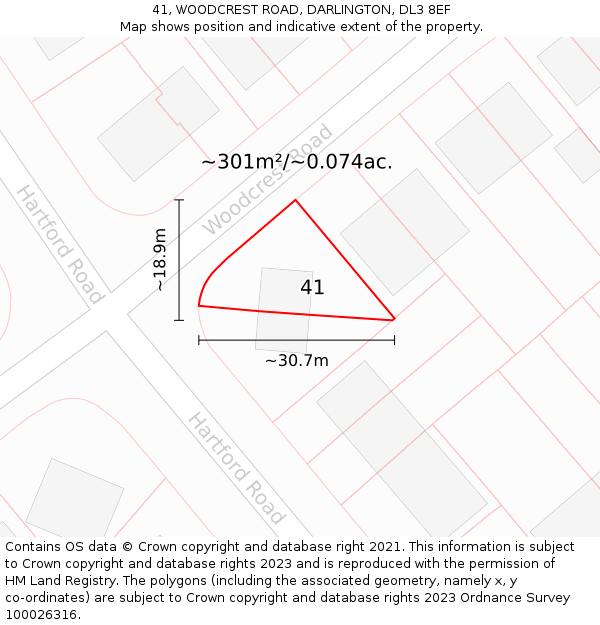 41, WOODCREST ROAD, DARLINGTON, DL3 8EF: Plot and title map