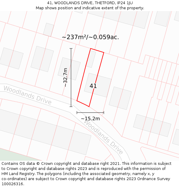 41, WOODLANDS DRIVE, THETFORD, IP24 1JU: Plot and title map