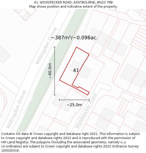 41, WOODPECKER ROAD, EASTBOURNE, BN23 7RB: Plot and title map