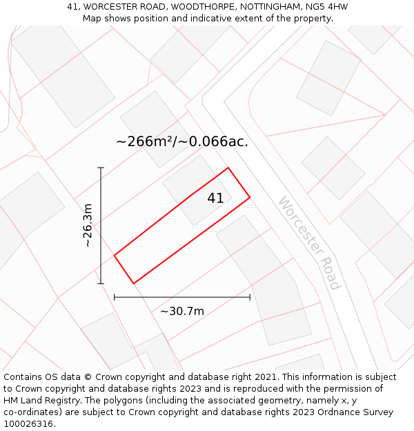 41, WORCESTER ROAD, WOODTHORPE, NOTTINGHAM, NG5 4HW: Plot and title map