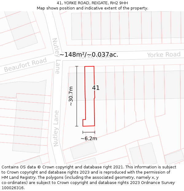 41, YORKE ROAD, REIGATE, RH2 9HH: Plot and title map