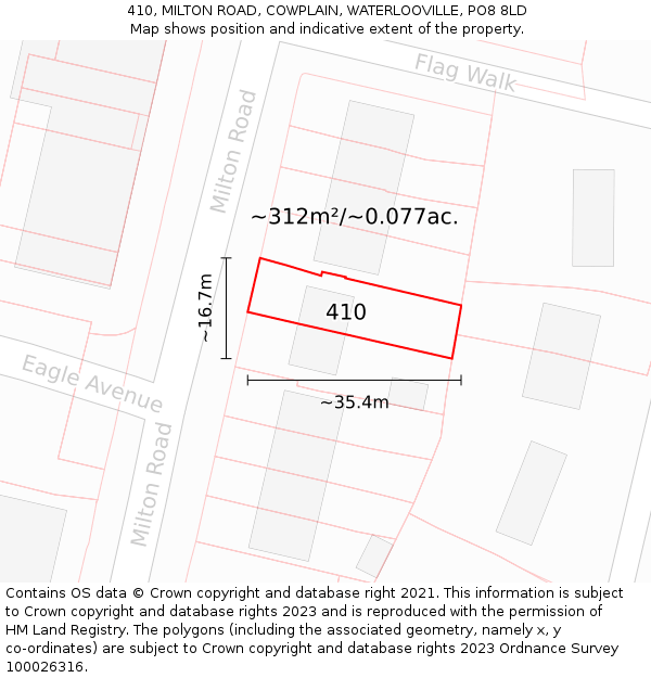 410, MILTON ROAD, COWPLAIN, WATERLOOVILLE, PO8 8LD: Plot and title map