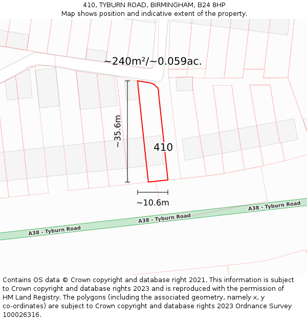 410, TYBURN ROAD, BIRMINGHAM, B24 8HP: Plot and title map