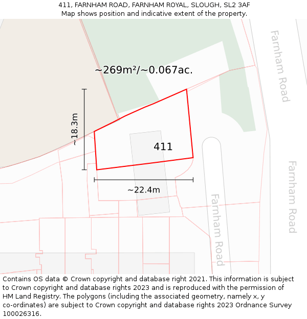 411, FARNHAM ROAD, FARNHAM ROYAL, SLOUGH, SL2 3AF: Plot and title map