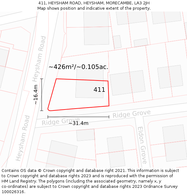 411, HEYSHAM ROAD, HEYSHAM, MORECAMBE, LA3 2JH: Plot and title map