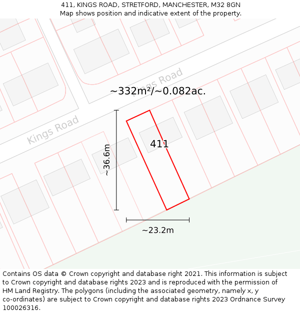 411, KINGS ROAD, STRETFORD, MANCHESTER, M32 8GN: Plot and title map