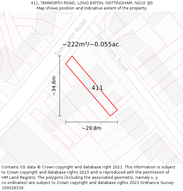 411, TAMWORTH ROAD, LONG EATON, NOTTINGHAM, NG10 3JS: Plot and title map