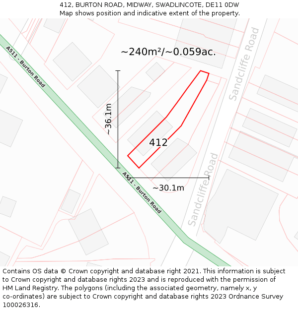 412, BURTON ROAD, MIDWAY, SWADLINCOTE, DE11 0DW: Plot and title map