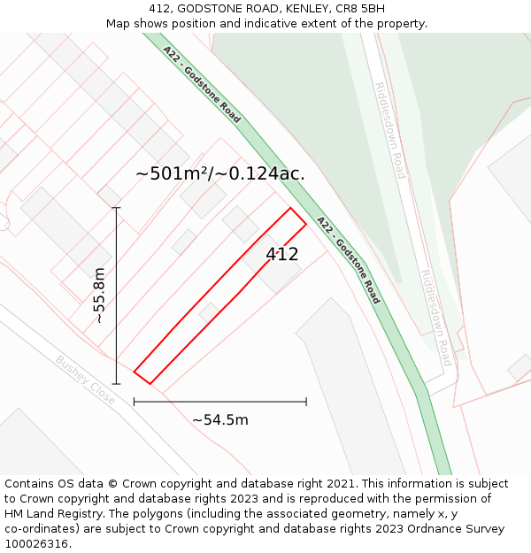 412, GODSTONE ROAD, KENLEY, CR8 5BH: Plot and title map