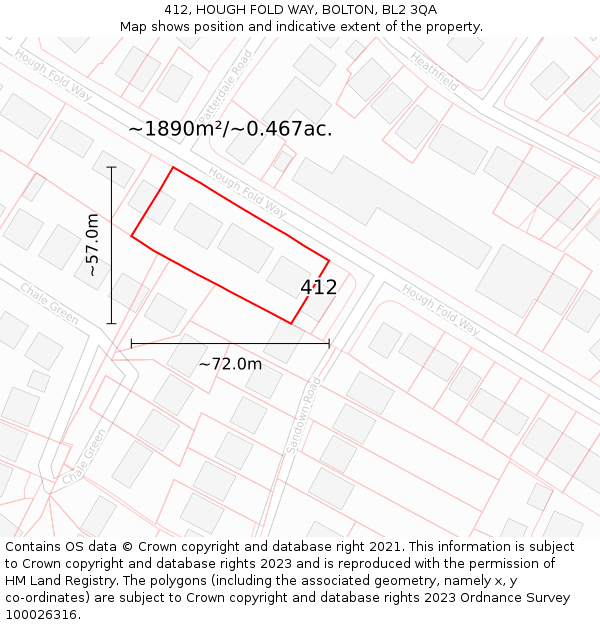 412, HOUGH FOLD WAY, BOLTON, BL2 3QA: Plot and title map