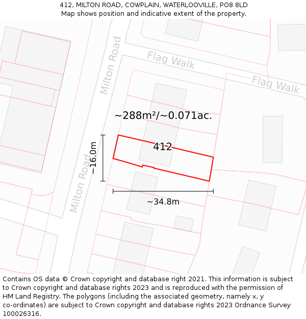 412, MILTON ROAD, COWPLAIN, WATERLOOVILLE, PO8 8LD: Plot and title map