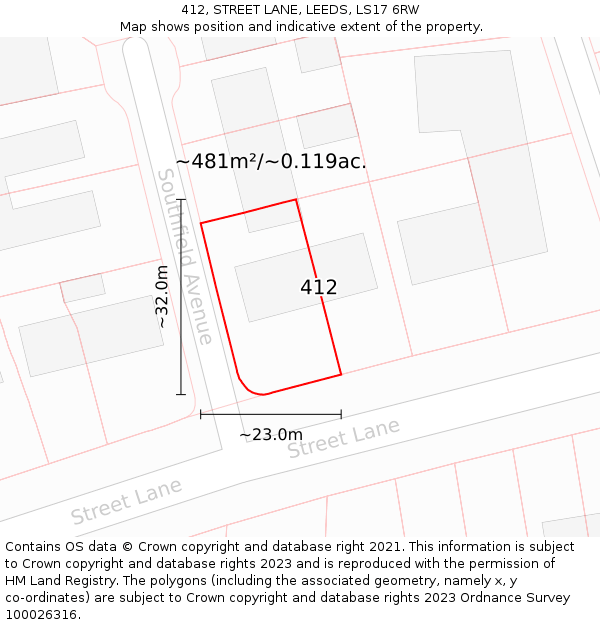 412, STREET LANE, LEEDS, LS17 6RW: Plot and title map