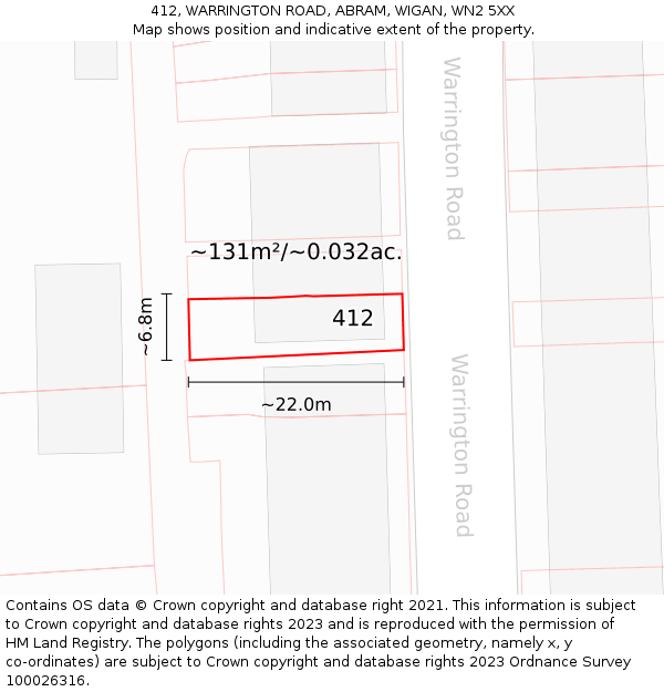 412, WARRINGTON ROAD, ABRAM, WIGAN, WN2 5XX: Plot and title map