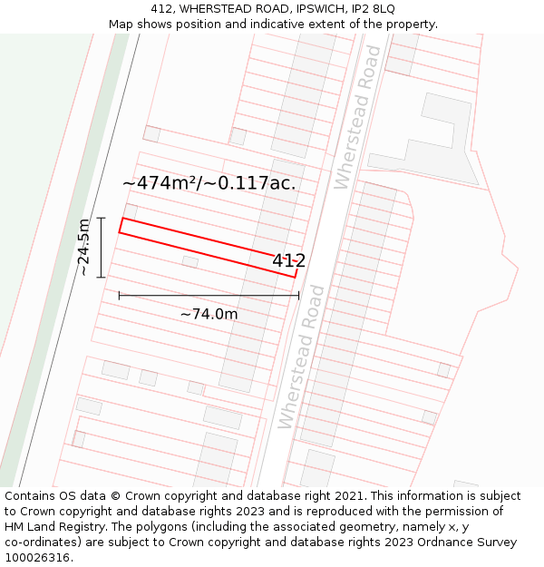 412, WHERSTEAD ROAD, IPSWICH, IP2 8LQ: Plot and title map