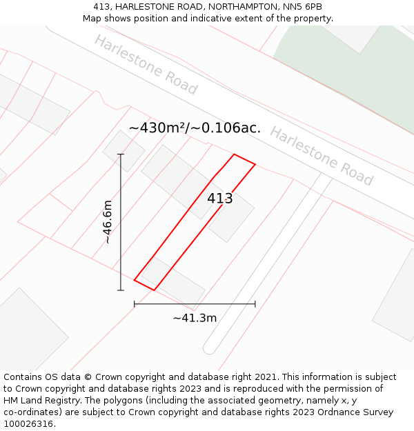 413, HARLESTONE ROAD, NORTHAMPTON, NN5 6PB: Plot and title map