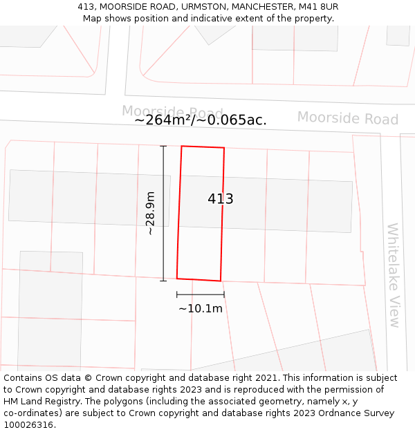 413, MOORSIDE ROAD, URMSTON, MANCHESTER, M41 8UR: Plot and title map