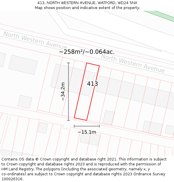 413, NORTH WESTERN AVENUE, WATFORD, WD24 5NX: Plot and title map