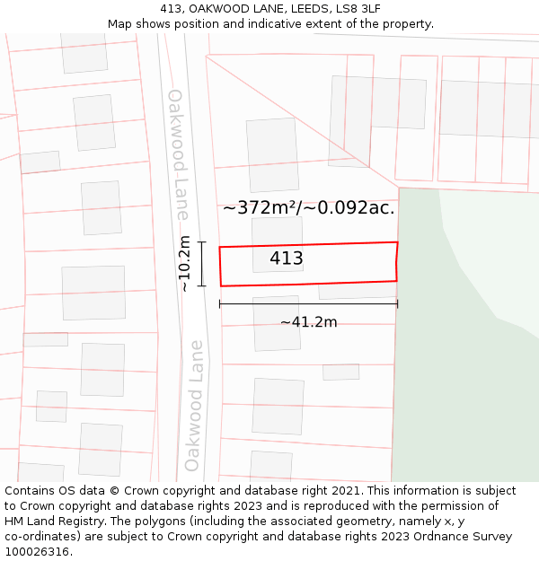 413, OAKWOOD LANE, LEEDS, LS8 3LF: Plot and title map