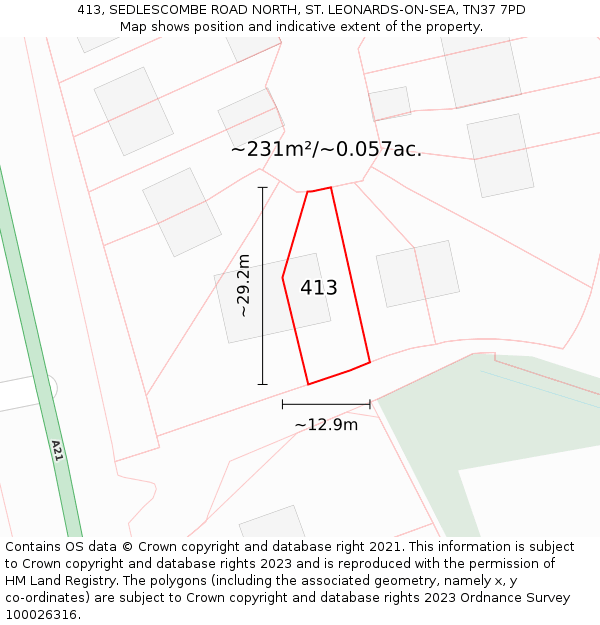 413, SEDLESCOMBE ROAD NORTH, ST. LEONARDS-ON-SEA, TN37 7PD: Plot and title map