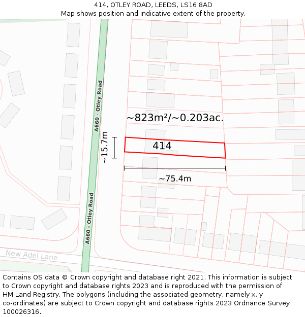 414, OTLEY ROAD, LEEDS, LS16 8AD: Plot and title map