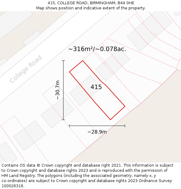 415, COLLEGE ROAD, BIRMINGHAM, B44 0HE: Plot and title map