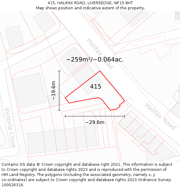 415, HALIFAX ROAD, LIVERSEDGE, WF15 8HT: Plot and title map