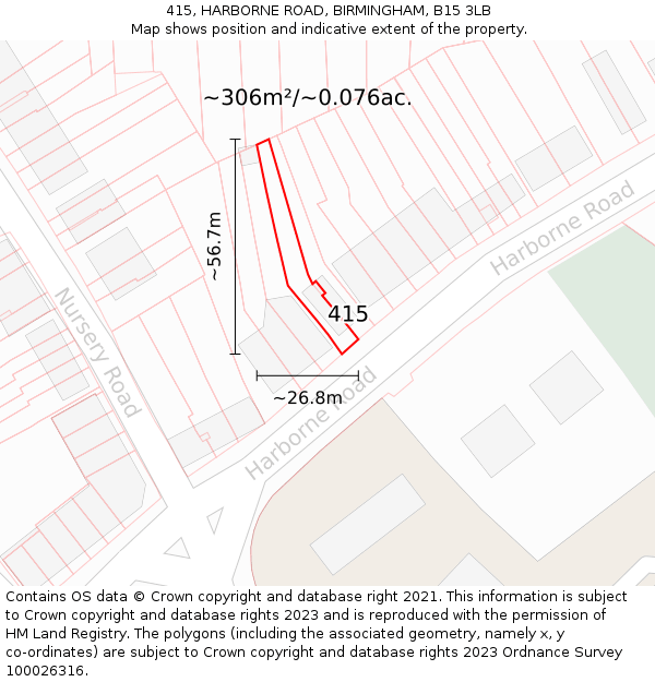 415, HARBORNE ROAD, BIRMINGHAM, B15 3LB: Plot and title map