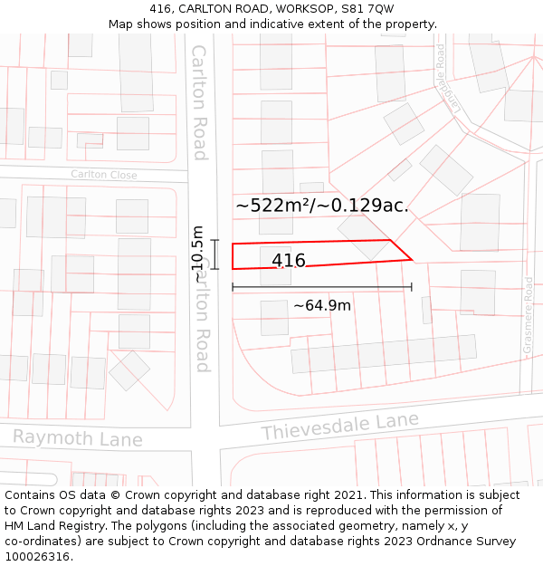 416, CARLTON ROAD, WORKSOP, S81 7QW: Plot and title map