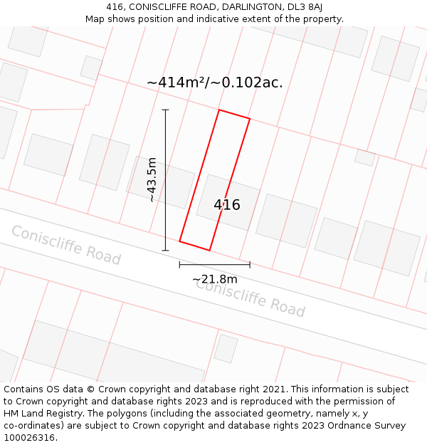 416, CONISCLIFFE ROAD, DARLINGTON, DL3 8AJ: Plot and title map